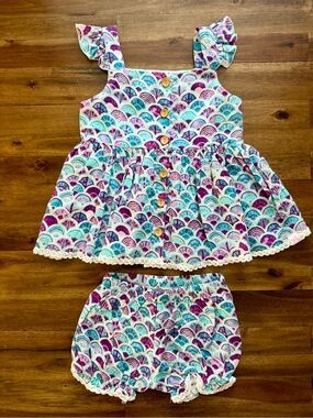 NEW SweetHoney Girls Mermaid Shells Beach Set 4T Tunic Shorts Beach Blue Purple
